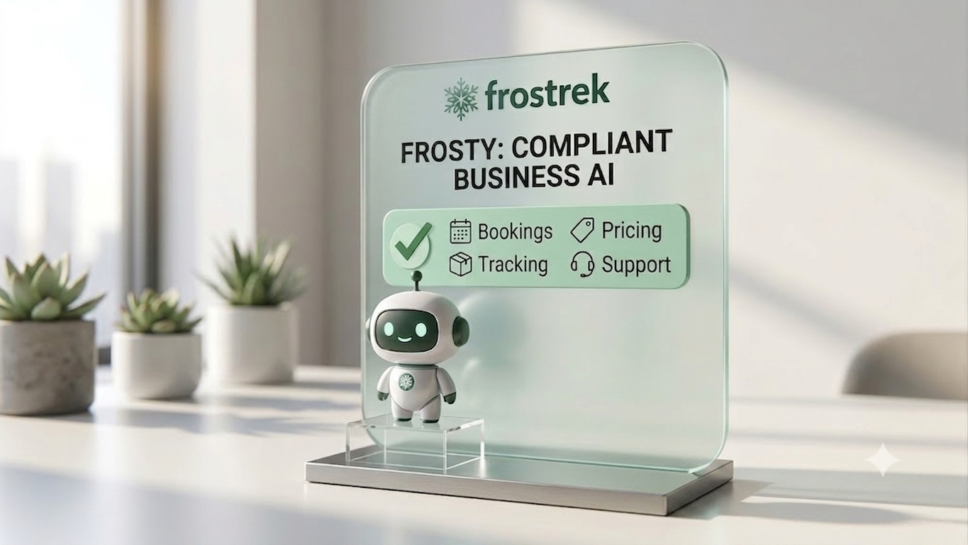 Frosty AI bot showing compliant WhatsApp business automation features like bookings, pricing, and tracking.